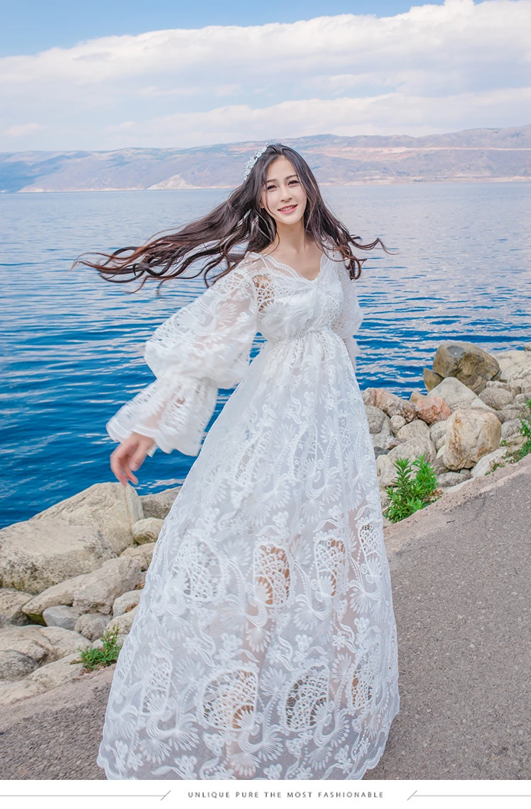 Осеннее Новое винтажное темпераментное женское длинное платье с кружевной вышивкой с вырезом лодочкой и длинным рукавом для женщин белое платье PV228