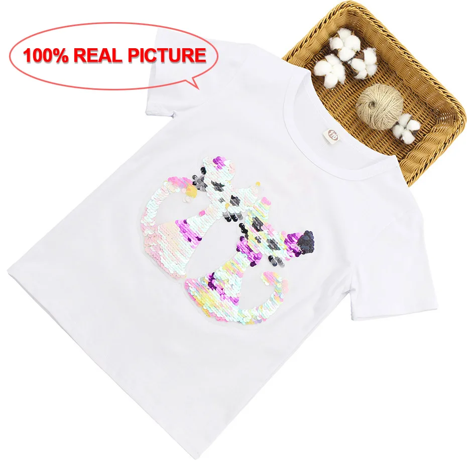 Футболка для девочек, футболка с рисунком кота, футболка с короткими рукавами и блестками для девочек, летняя одежда для детей-подростков, для девочек 6, 8, 10, 12, 13, 14 лет - Цвет: As Picture