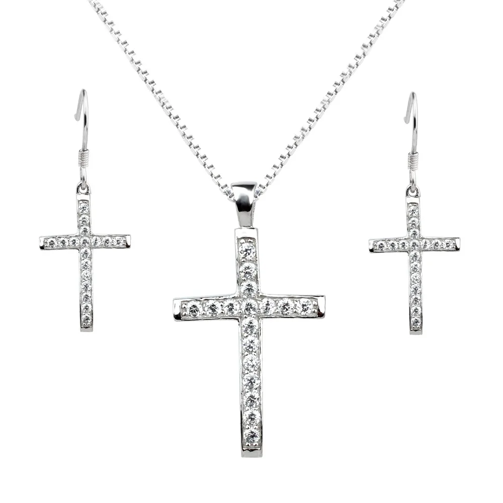 

925 Sterling Silver Jewelry Set Cross Dangle Earrings Pendant Necklace Set with Hook Clear Stone 18-inch Box Link Chain SET009