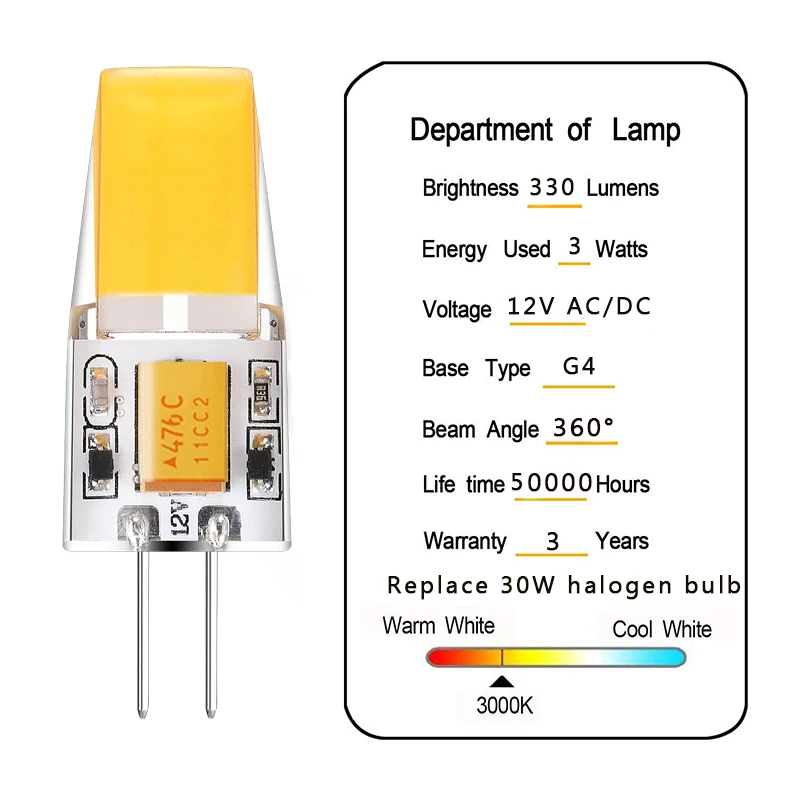 6 шт./лот G4 Светодиодный светильник 12 В AC DC 3 Вт COB светодиодный G4 светильник 360 Угол луча без мерцания теплый натуральный холодный белый заменить 30 Вт галогенная лампа
