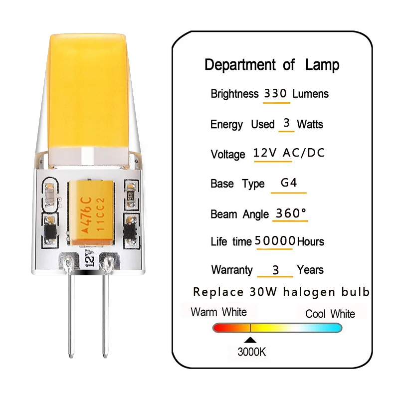 6 шт./лот G4 Светодиодная лампа 12 В AC DC 3W COB LED Light 360 Угол луча без мерцания теплый