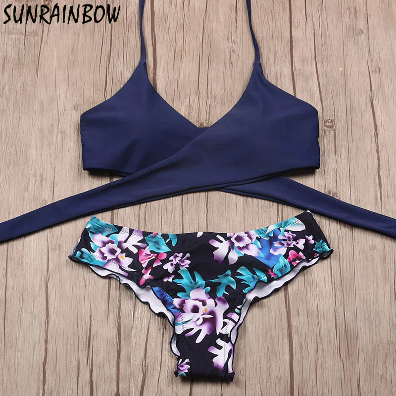 

SUNRAINBOW 2019 Newest Swimwear Cross Brazilian Bikinis Women Swimsuit Fall Floral Cross Criss Bikini Set Halter Bathing Suits