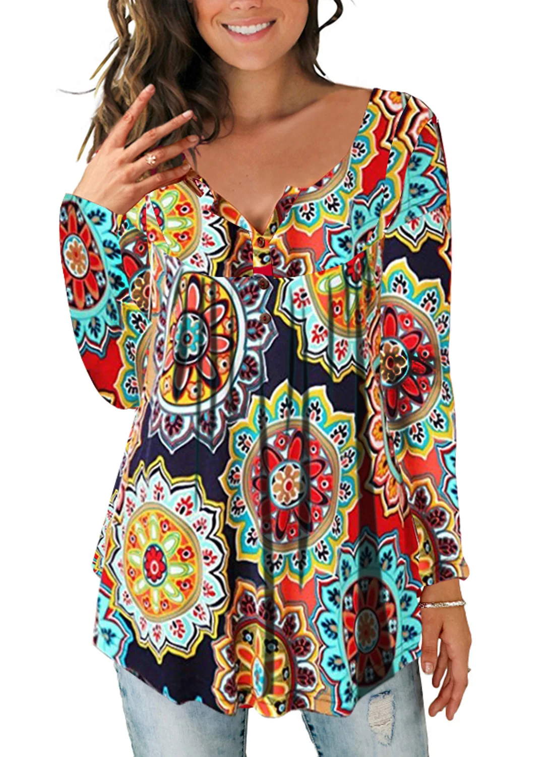 Сексуальный с принтом с цветами повседневные женские рубашки с длинными рукавами Блузка в этническом стиле с v-образным вырезом Женские