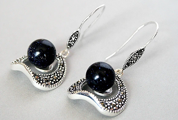 

Hot selling> VINTAGE 925 SILVER 10MM BLUE SAND STONE BEADS MARCASITE HOOK EARRINGS 11/2" -Bride jewelry free shipping