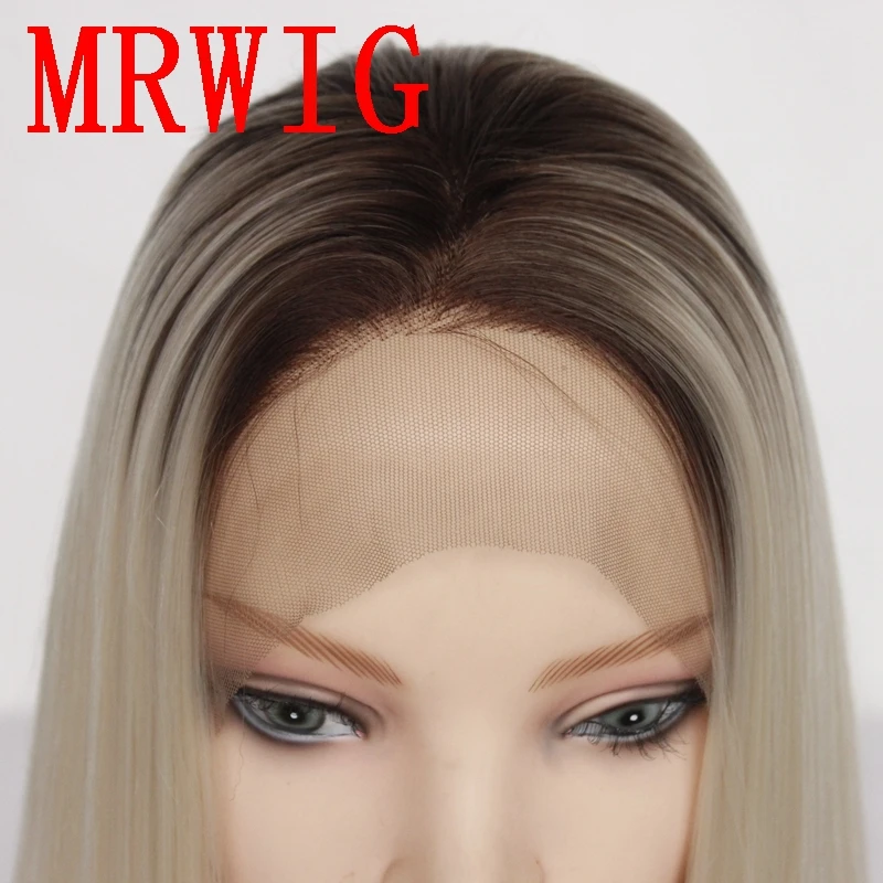 MRWIG короткие темные корни коричневый Ombre блондинка #0809 длинные прямые синтетические Glueless спереди парик для женщины