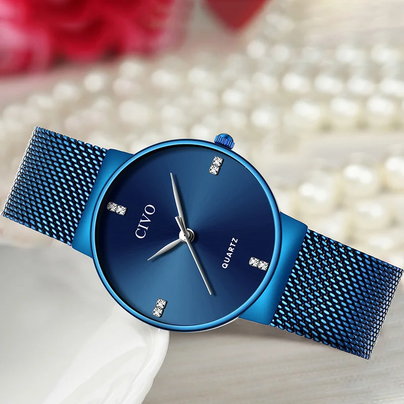 CIVO женские часы водонепроницаемые тонкие синие стальные сетчатые минималистичные кварцевые наручные часы женские роскошные повседневные часы Montre Femme