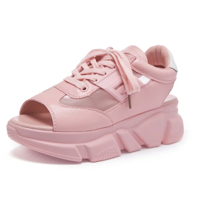 

New Ladies Platform Sandales Summer New Fish Head Sandals Women's Shoes Slope With Platform Muffin Zapatos Mujer Genuine Leather