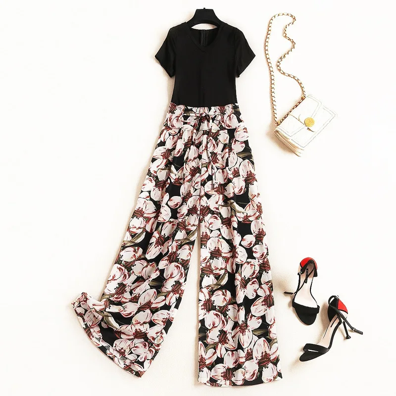 

Women Dresses Chiffon Printing Casual Pants Female Round Collar Short Sleeve Top Tube Loose Wide Leg High Waist Jumpsuit