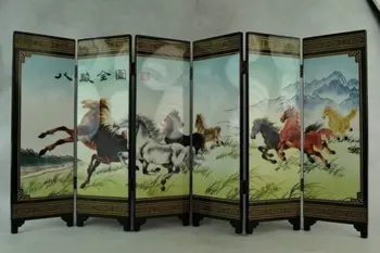 

Rare Collectibles Old Decorated Hand Lacquer Painting 8 Horse Run Noble Screen