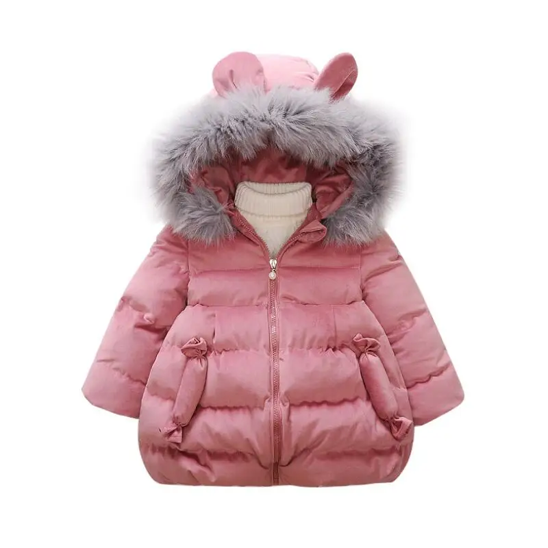 Дети Малыш с ушками меха зимнее пальто для девочек с капюшоном детская зимняя куртка для девочек парки с хлопковой подкладкой пуховик JW3036