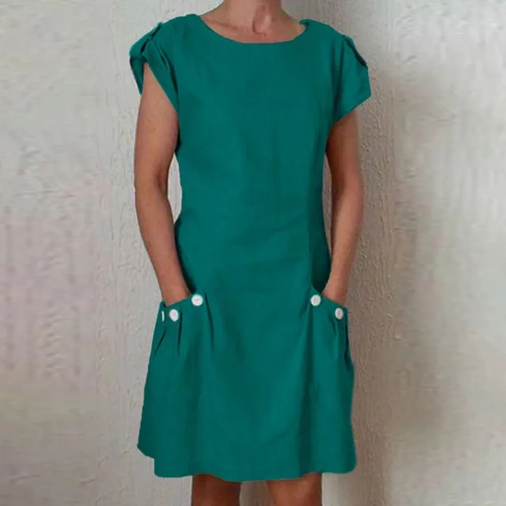 Women's Fashion Summer Classic Dresses Short Sleeve O Neck Button Linen Plus Size Midi Dresses With Pockets Vestidos Robe 5.22