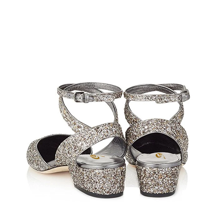 Первоначальное намерение элегантные женские босоножки с сияющими блестками, круглый носок квадратный каблук Сандалии золотые Серебристые туфли Женская обувь; большие американские размеры 4–15