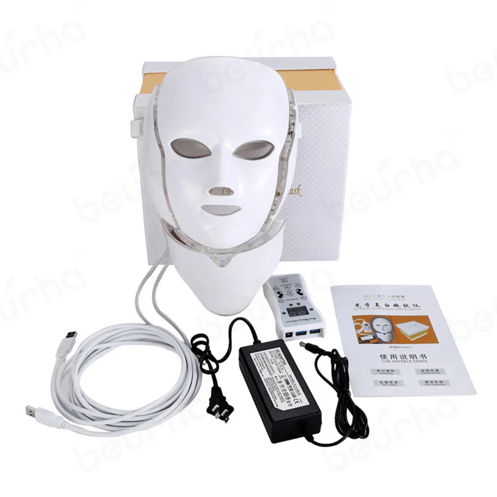 7 цветов светильник светодиодный маска для лица с омоложением кожи шеи уход за лицом Лечение Красота анти акне терапия отбеливающий инструмент - Цвет: Neck Type Retail Box