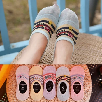 

5 color Women Cartoon Stripe Cute splice Silicone Antislip Summer Breathable knit Invisible Boat Ankle Socks 6 pairs 1 lot