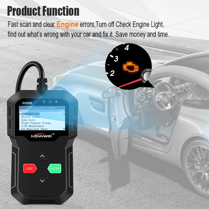 Konnwei KW590 нескольких языков OBD2 сканер коды неисправностей чтения ODB2 автомобиля
