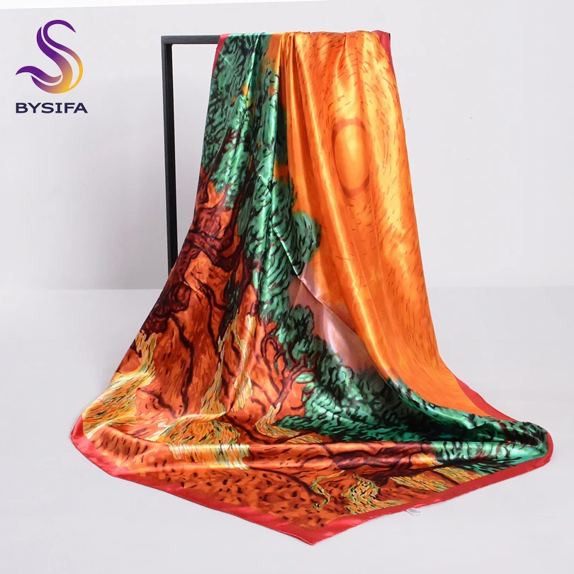 

Spring Orange Ladies Silk Scarf Shawl New Arrival Sunrise Design Large Square Scarves Wraps 90*90cm Muslim Head Scarf Cachecol