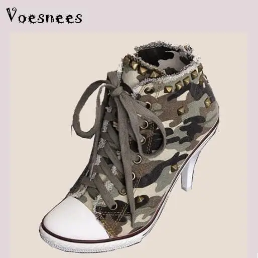 

Pumps 2017 Sexy Spring Shoes High-top Lace-up High-heeled Cowboy Camouflage Canvas Rivets Student Shoe Plus-size 34-41