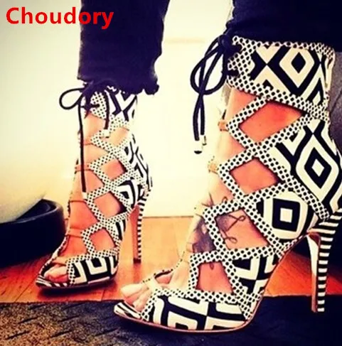 Geometric black/white patchwork high heels cut-outs ankle boots summer gladiator sandal peep toe women booties fashion shoes