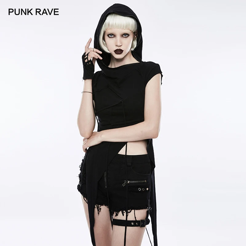 

PUNK RAVE Punk Rock Slant Hat Irregular Stitching Mosaic Knit Women T-shirt Cotton Short Sleeve Gothic Black Tops Tees