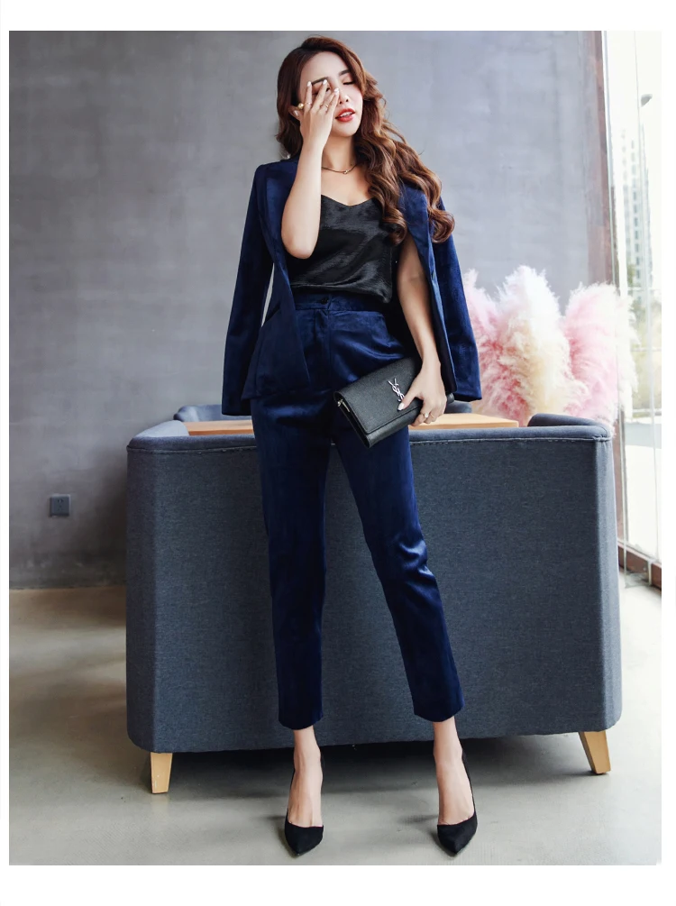Костюм для женщин бархатный блейзер комплект темно-синий однобортный формальный бизнес брюки костюмы дамы Офис Рабочая одежда Одежда DC500