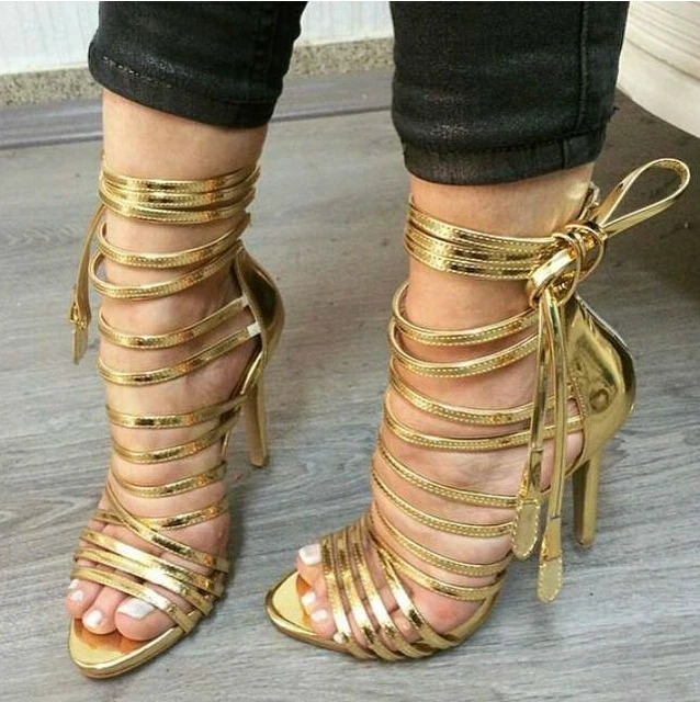 Summer Gold Ankle Strap Women Sandals High Heel Lace Up Strappy