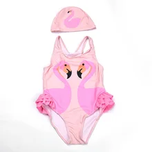 2-12T Girls Swim Dress One Piece Flamingo Swimsuit Girl Swim Rompers With Hat Animal Print Bather UV Baby Flamingo Swim Dress dot print swim dress