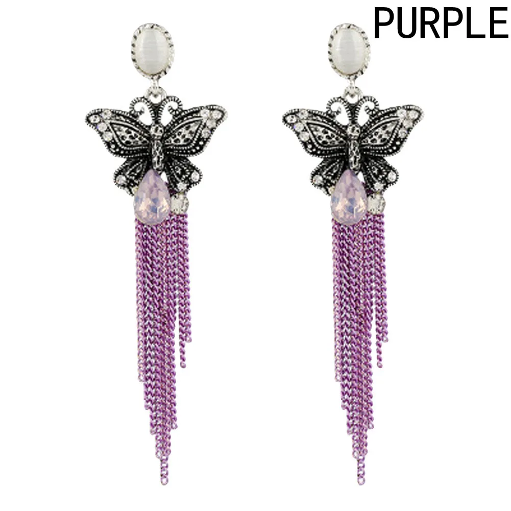 Crystal Bridal Big Long Earrings Butterfly Pendant Dangling Tassel