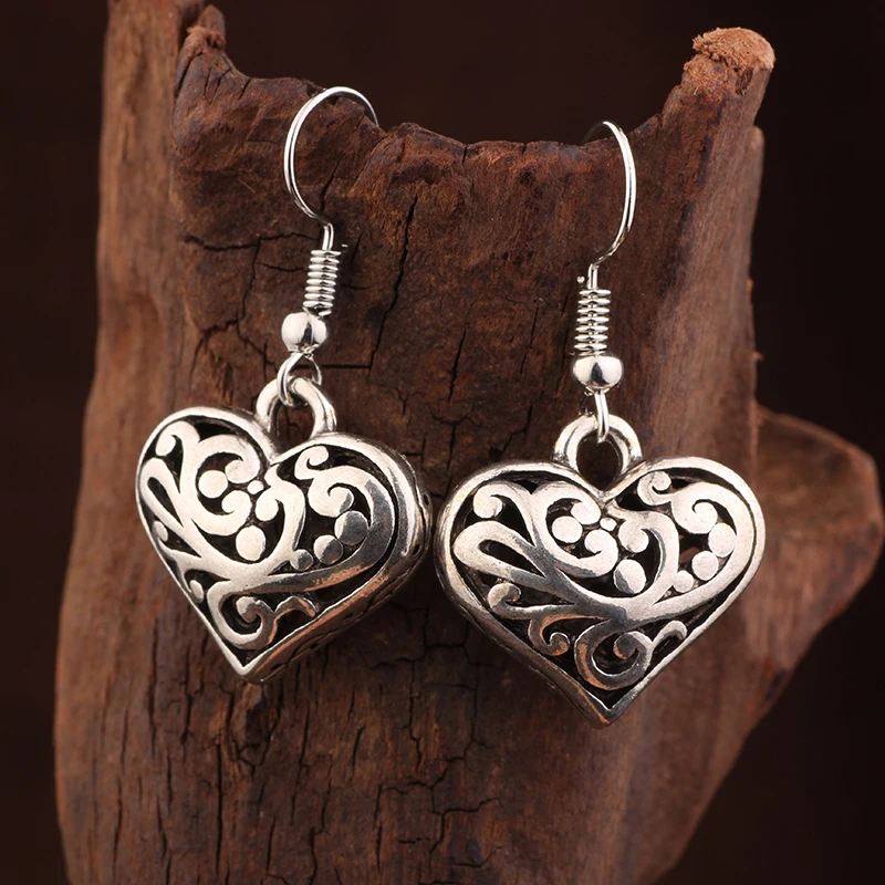 

fashion Love heart dangle earrings for women ,Hollow out New vintage earrings Chinese wind jewelry ethnic pattern earrings