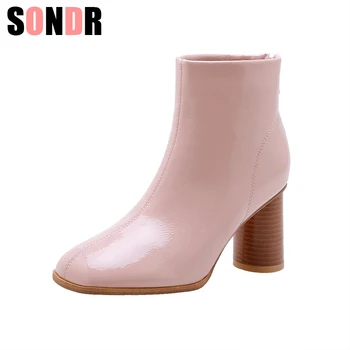 

Hot sale newest patent leather zipper round toe high strange style solid outside fashion sexy Autumn Winter Ankle Boots