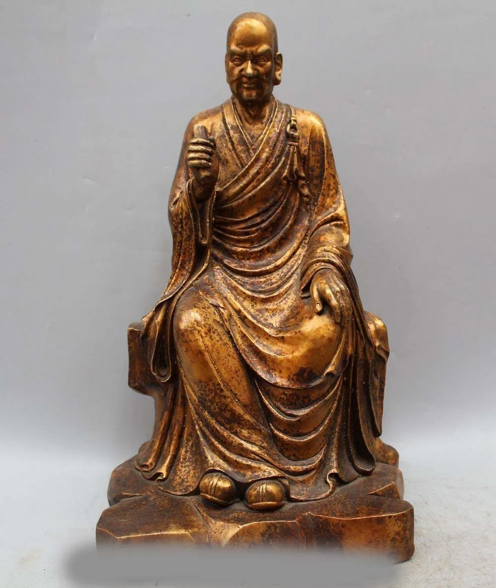 

15" Chinese Buddhism Bronze Gild Seat Eighteen Arhats shaveling Monk Buddha