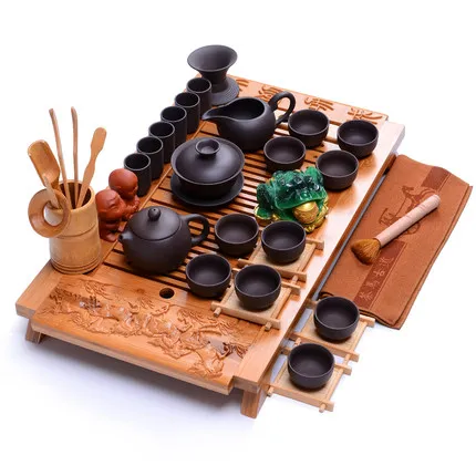 

Kung Fu teawar set Complete Set Teapot Teacup Ceramic Bamboo Tea tray Purple Sand Simple Household Tea Set gift preferred