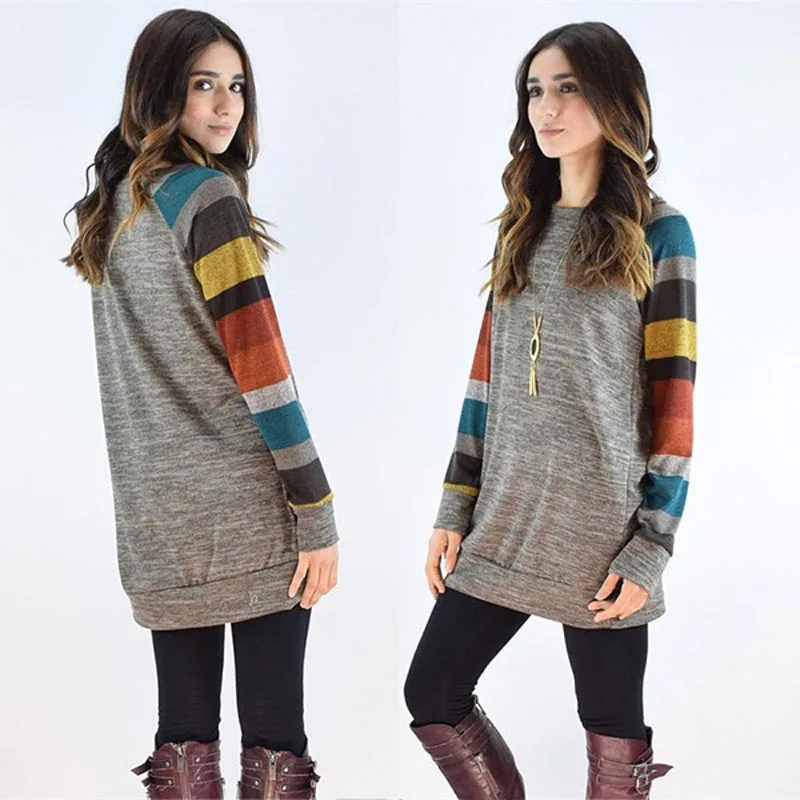 Autumn Women Patchwork Striped Long Sleeve Sweatshirt