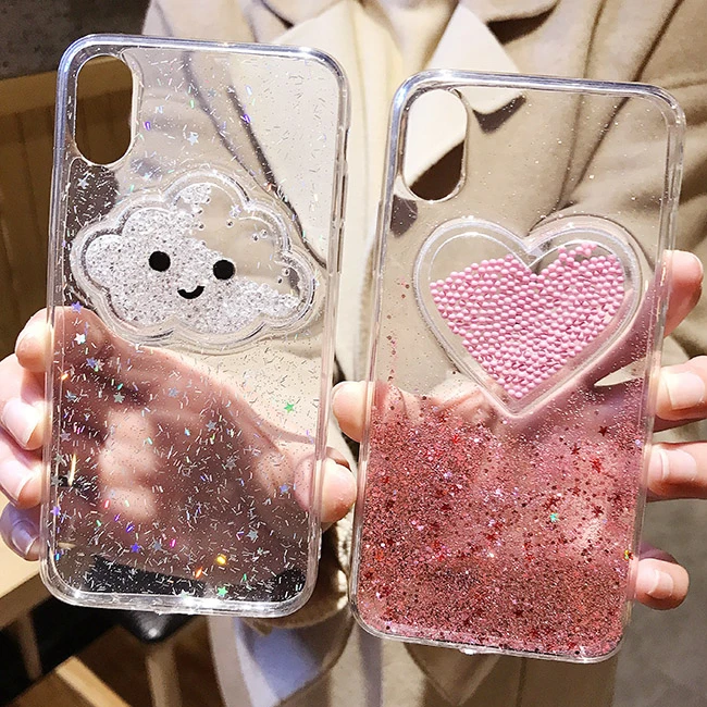 Cute Clouds Love Heart Beads Bling Glitter Clean Gel Soft Case Cover For Apple iPhone X 6S 7Plus 8Plus |