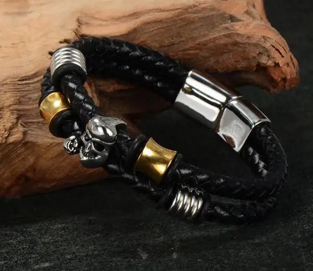 Черный двойной кожаный браслет Нержавеющая сталь Для мужчин Байкер Череп Талисманы браслет золото серебро застежка 8.5''