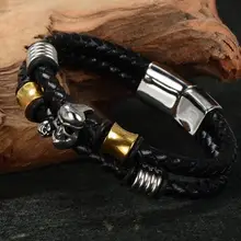 Черный двойной кожаный браслет Нержавеющая сталь Для мужчин Байкер Череп Талисманы браслет золото серебро застежка 8.5''