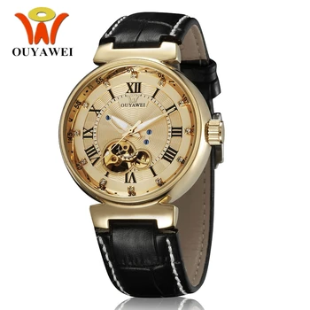 

OYW Luxury Gold Mens Automatic Self Wind Watch Leather Band Fashion Dress Business Waterproof Skeleton Wristwatch Orologio Uomo