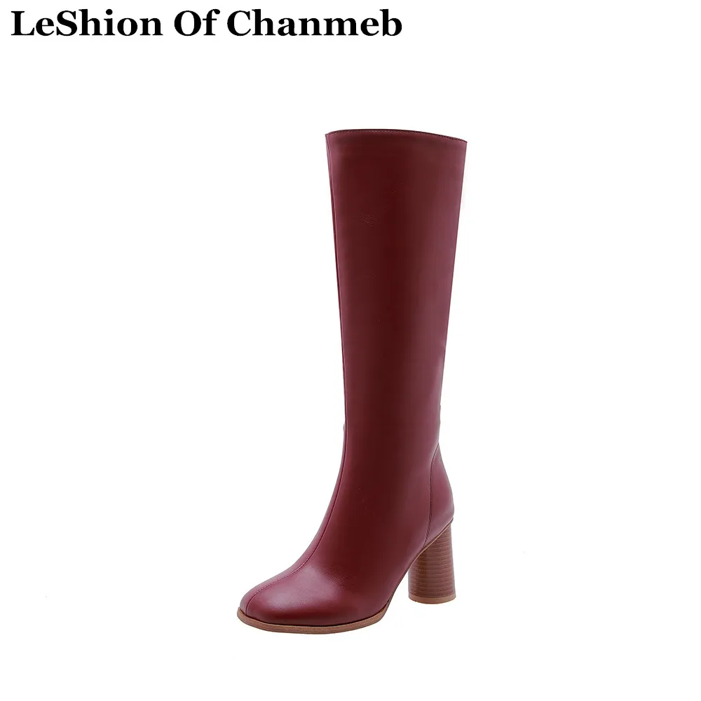

luxury designer soft PU leather round toe high heels zipper winter boots ladies women's knee-high boots nude shoes size 33-48