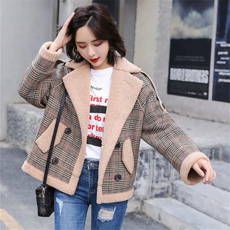 New Lamb Cashmere Coats Women Fur Plaid Coat Casual Outerwear Women Tweed Winter Coats