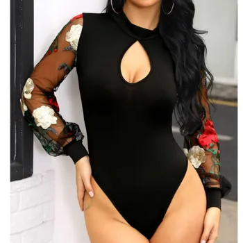 

Women's See-through Black Bodysuit Jumpsuits Romper Long Sleeve Stretch Sheer Punk Sexy Club Jumpsuit Slim Top
