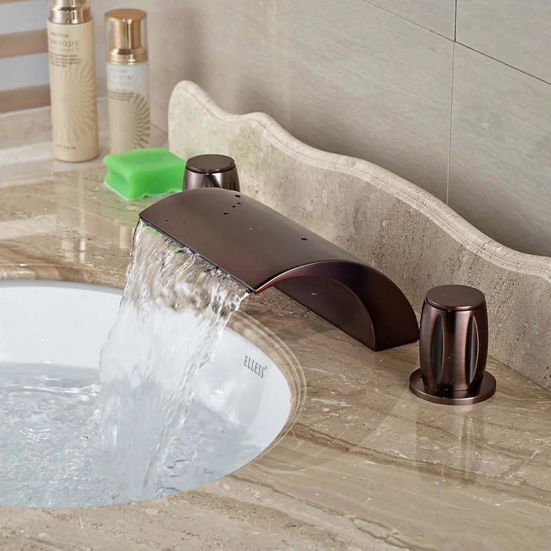 Oil Rubbed Bronze Waterfall Spout Deck Mount Basin Sink Faucet Dual Handles Bathroom Hot Cold Mixer