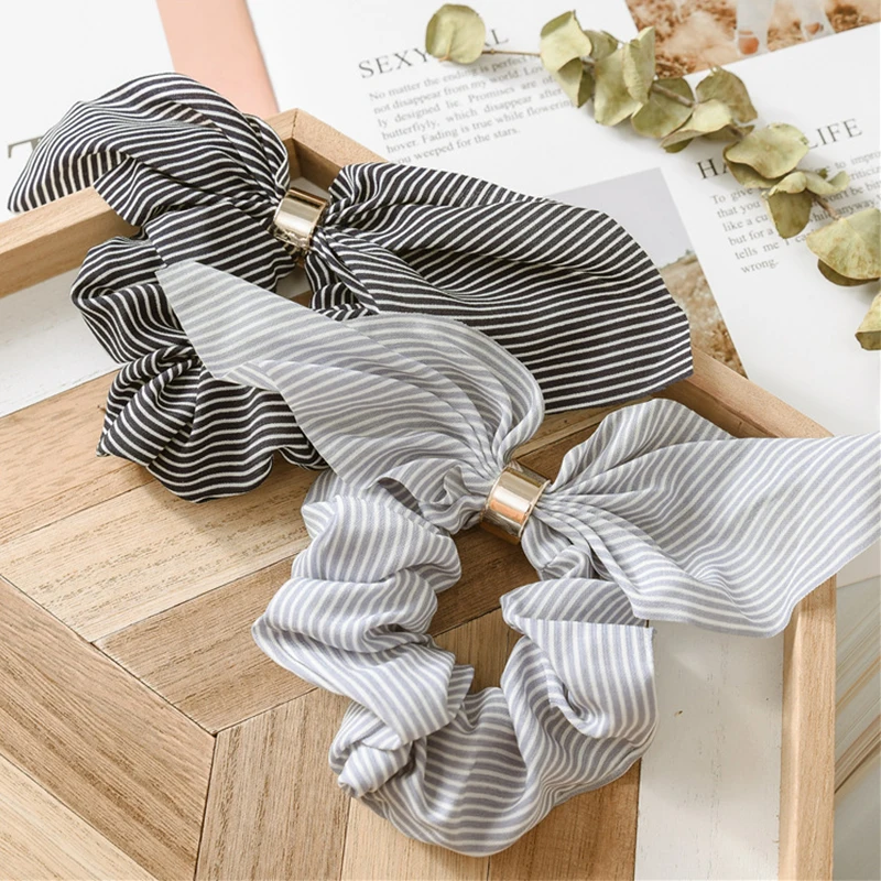 

LNRRABC Rabbit Ears Metal Buckle Hairline Chiffon Stripe Navy Bow Korean Fashion Lady Hair Accessories Ponytail Artifact