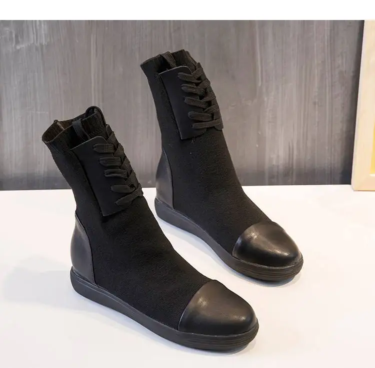 2018 Autumn And Winter Boots Women's Leather Increased Thick Bottom Elastic Boots Med-HeelFashion Winter Ankle Boots WomenM8D156 (18)
