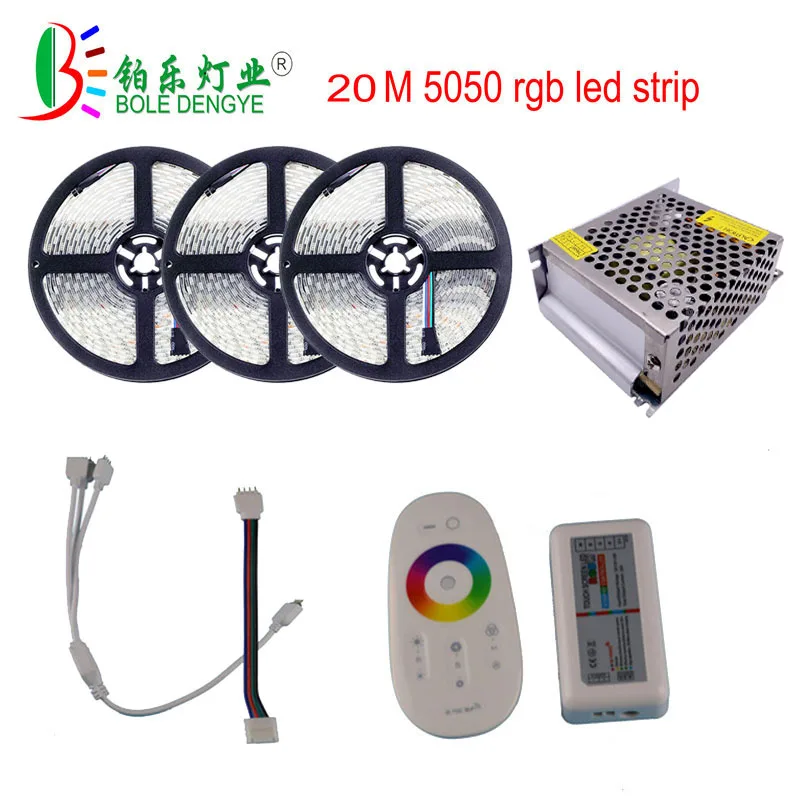 

10M 15M 20M 60LED/M 5050 RGB Fita Strip Light + 12V 2.4G Wireless LED Controller RF Touch Panel Dimmer Remote AC110/220V Power