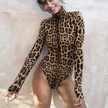 Женский леопардовый боди для ребенка с воротником-стойкой и длинным рукавом на молнии спереди, облегающая футболка, топы