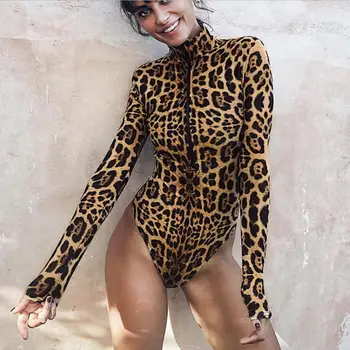 

Women Leopard Print Bodysuit stand collar Long Sleeve With Zipper Front Slim Fit T-shirt Tops