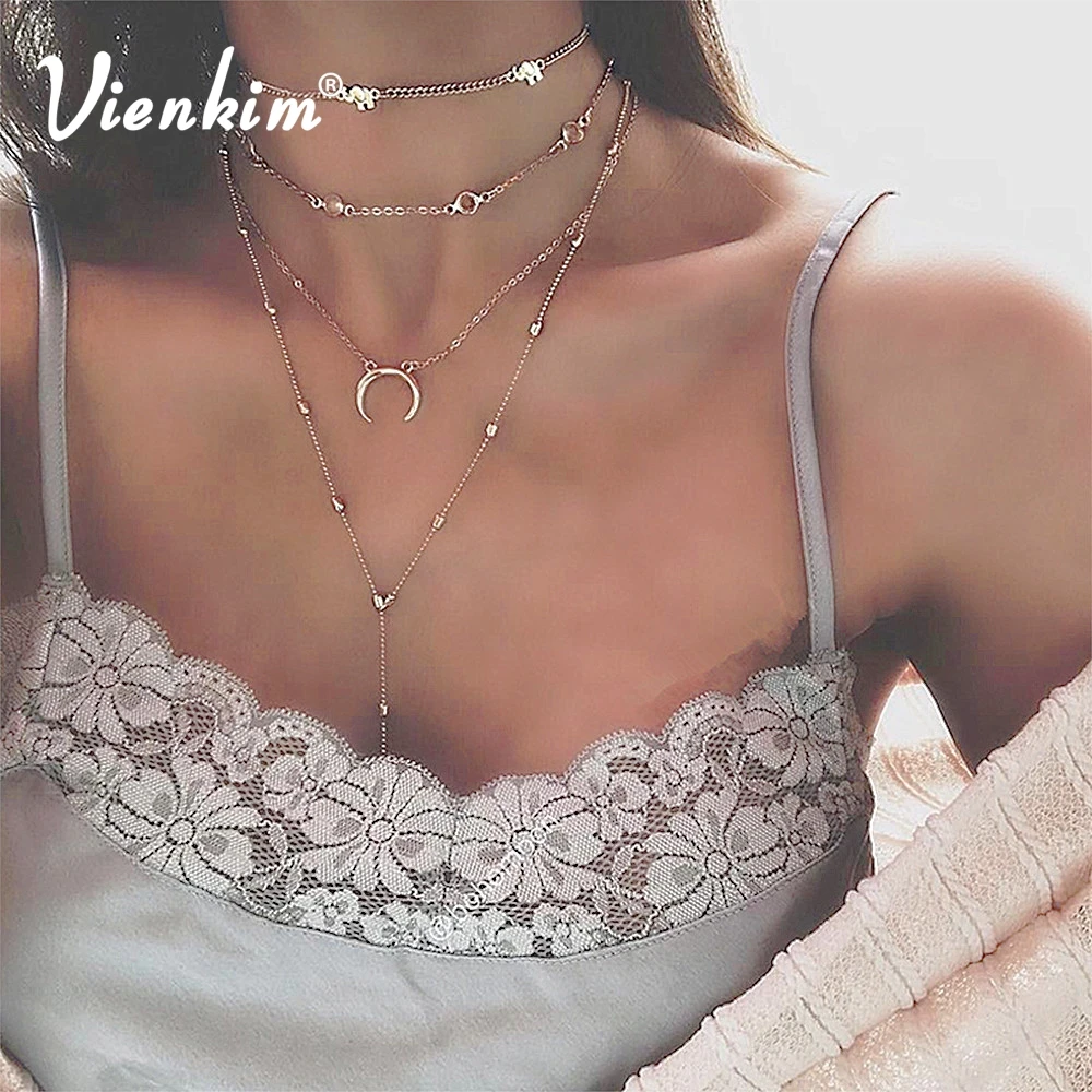 Vienkim богемный слон Луна круглая цепочка многослойная серебряная подвеска