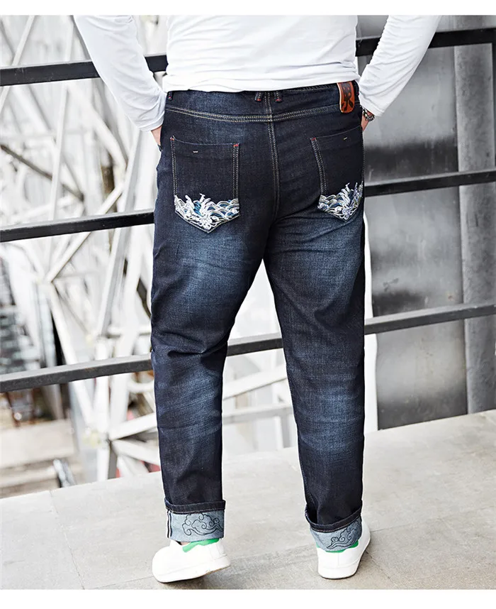 Большие размеры 6XL 7XL 8XL мужские джинсы в китайском стиле Модные шаровары с вышивкой мужские хлопковые повседневные Брендовые брюки Blackbule