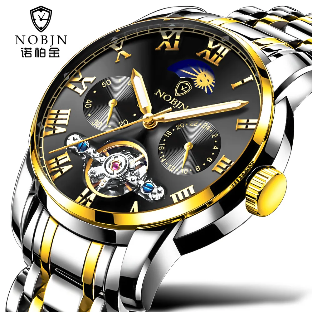 

NOBJN brand man wristwatches Mechanical automatic stainless steel Tourbillon mens watches Multifunction waterproof luxury clocks