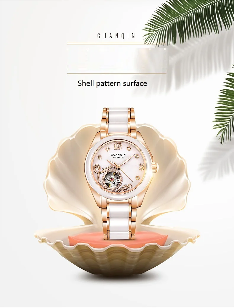 GUANQIN Ceramic Women Watch Automatic Mechanical Watches Hollow Waterproof Watch Ceramic Watch Strap Rhinestone Shell Pattern  (2)