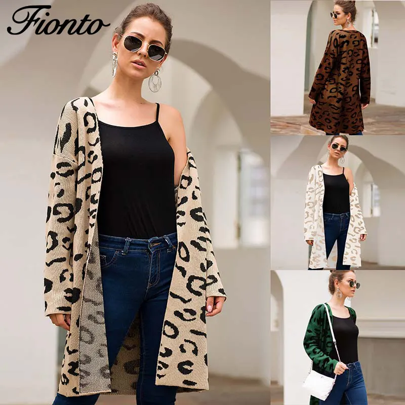 

Fionto 2019 Women's Sweater Four-color Leopard Pattern Cardigan Loose Long Knit Sweater
